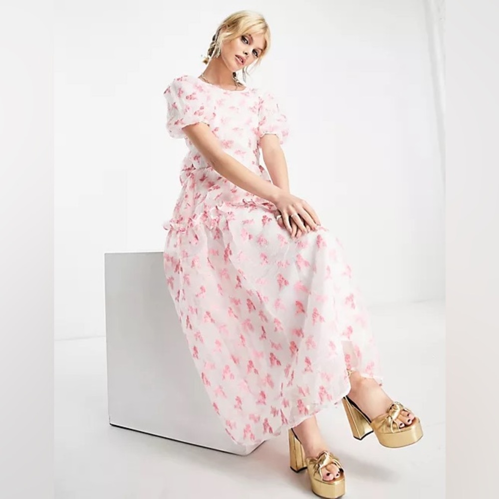 SISTER JANE Rare Midi Puff Smock Dress in Pink Floral Jacquard Size Medium NEW! - Picture 2 of 16